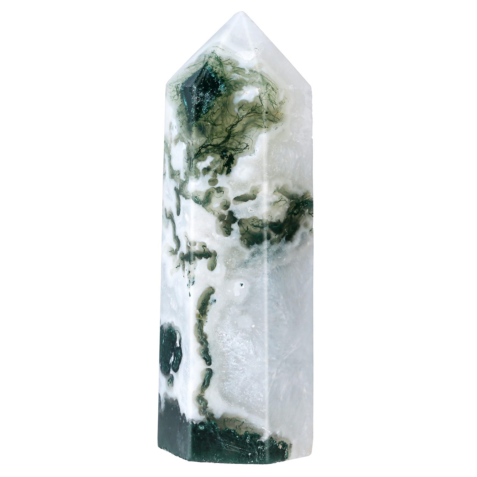 KYEYGWO Moss Agate Crystal Wand Tower, Polished Single-pointed Hexagonal Column Obelisk for Reiki Meditation Home Decor, 8.1-10.6cm Length