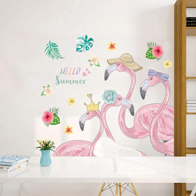 Adhesivo de pared, diseño de flamencos con flores de animales