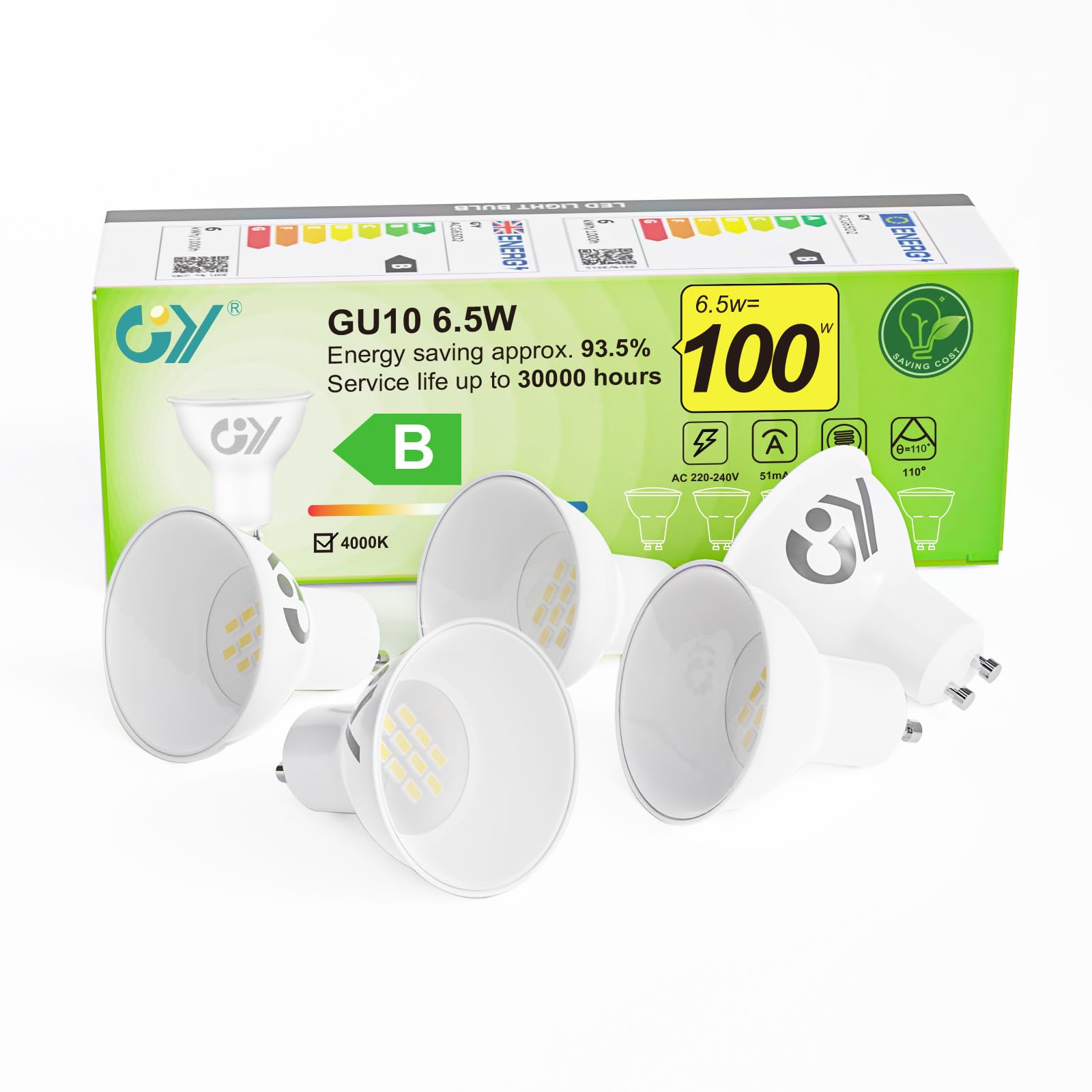 GY GU10 LED Bulbs 6.5W 1025lm High Brightness Neutral White 4000K Energy Saving,The New UK Energy Efficiency Class B Replaces 90W, 110°Beam Angle Non-Dimmable, 5 Pack — image 1