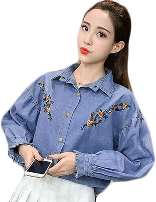 Feilei レディース 長袖 シャツ 刺繍 デニムシャツ ゆったり パフスリーブ 上着 シャツ ブラウス 通販 Amazon