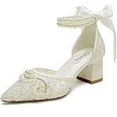 Lace Pearl Wedding Shoes for Bride Block Heel Bridal Shoes Closed Toe Wedding Heels