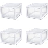 Sterilite Stacking Drawer Storage Organizer for Clothes, 27 Quart, 4-Pack | White Frame, Stackable Modular Clear Plastic Drawers &amp; Containers for Clothing, Accessories, Craft Supplies, Shoes or Linens