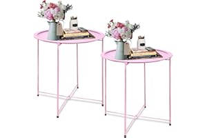 Garden 4 you End Table Set of 2, Outdoor Side Table, Small Patio Table Metal Side Table, Round Folding Side Table, for Outdoor and Living Room,Pink