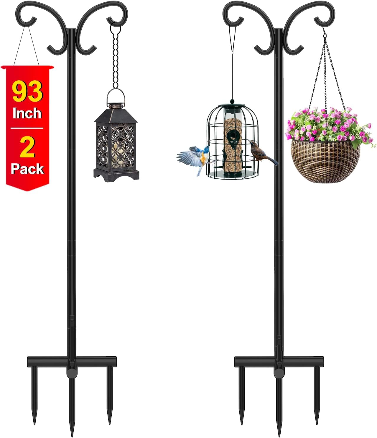 Outdoor Shepherd's Hooks - Minicloss Double Shepherds Hooks for Outdoor, 93 Inch Bird Feeders Pole for Outside, Adjustable Garden Hooks for Hanging Plants, Solar Lanterns, 2 Pack, Black