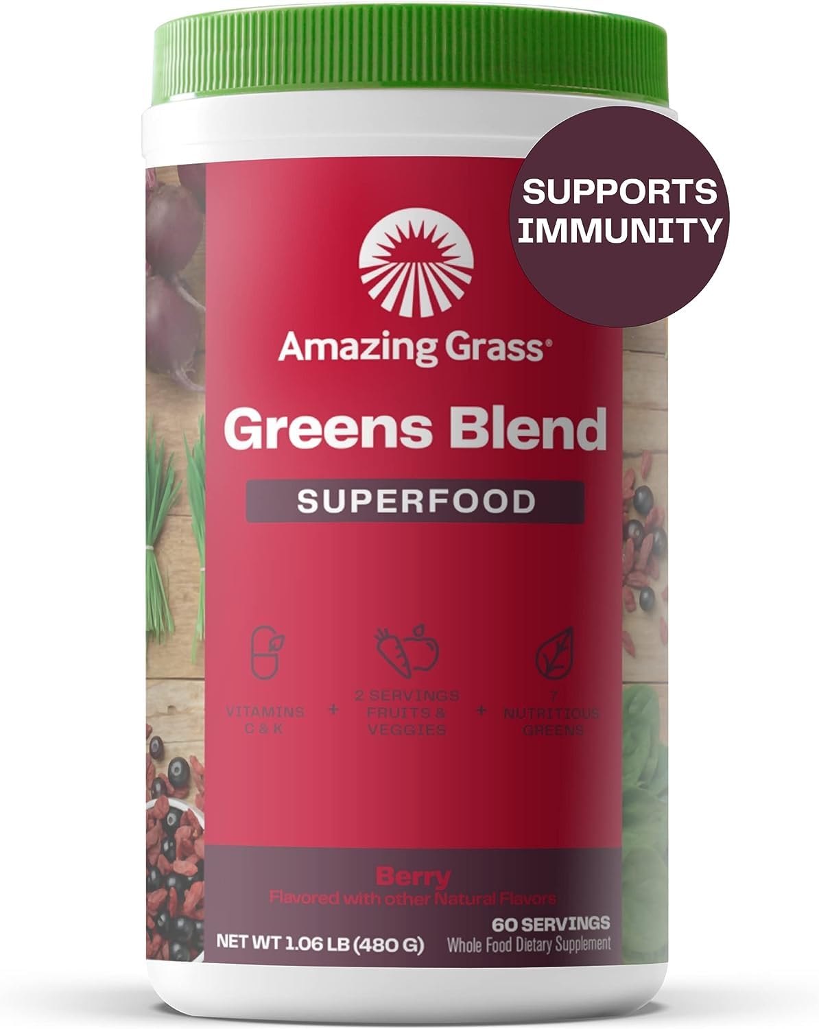 Amazing Grass Greens Blend Superfood: Super Greens Powder Smoothie Mix with Spirulina, Chlorella, Beet Root Powder, Digestive Enzymes & Probiotics, Berry, 60 Servings (Packaging May Vary)
