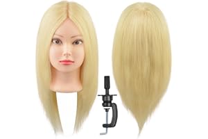 18-Inch 100% Blonde Real Human Hair Mannequin Head, Training Practice Head with Clamp Holder for Hairstyle Design (Colour #61