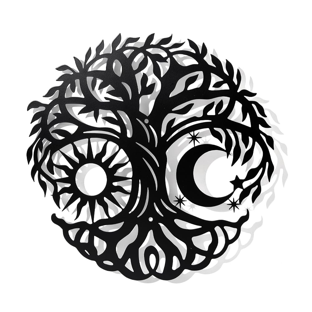 NBEADS Tree of Life with Moon and Sun Metal Wall Art Decor, Black Wall Hanging Decor Silhouette Wall Art for Home Bedroom Living Room Bathroom Kitchen Office Hotel Wall Decoration, 30x30cm