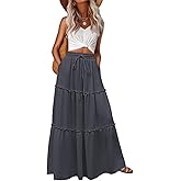 Lepunuo Womens Casual Boho High Waisted Flowy Maxi Skirts Tiered Floral Long Skirts with Pockets for Summer Beach Vacation