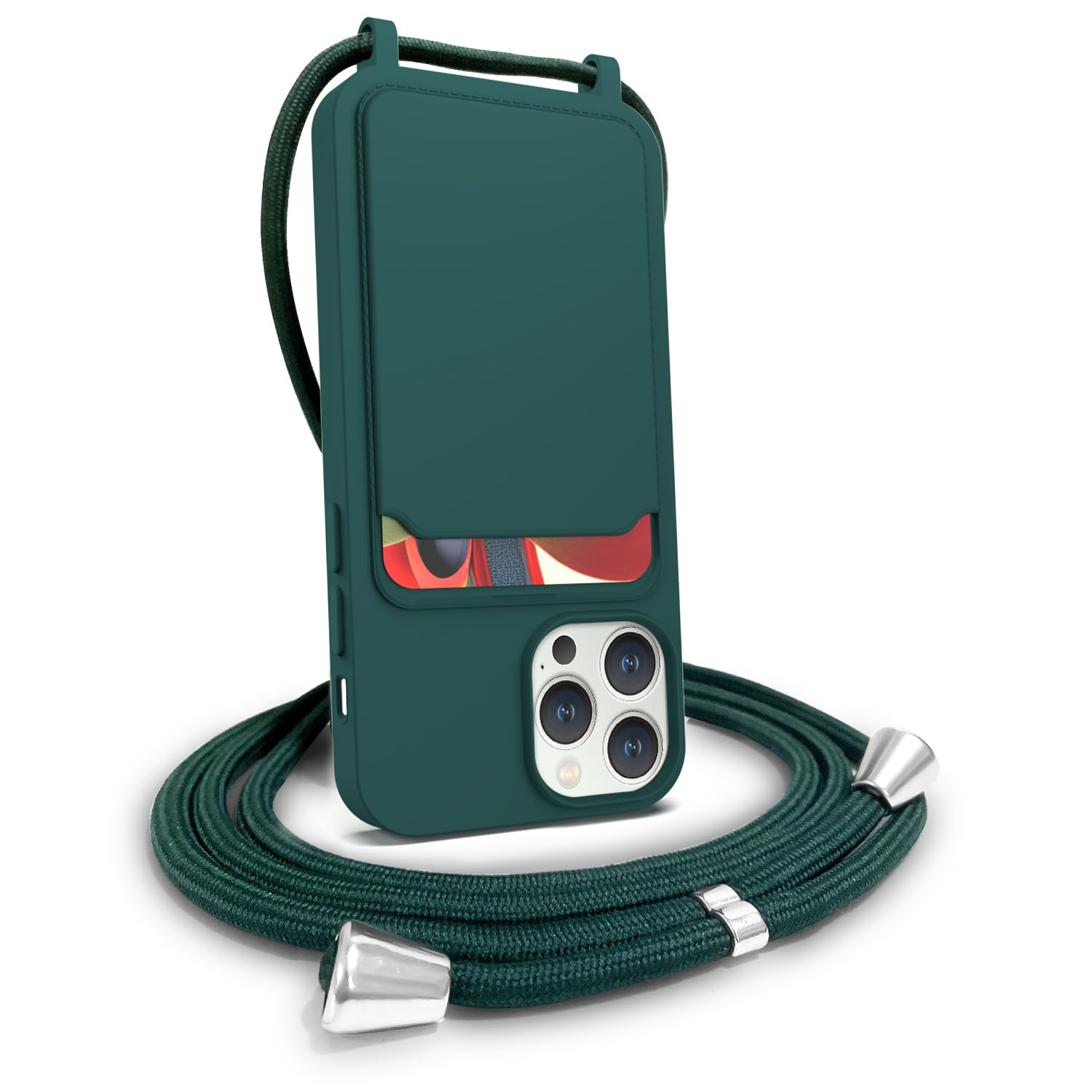 FOQENCCI Compatible for iPhone 12 Pro Max Crossbody Phone Case with Card Holder,Liquid Silicone Phone Case with Adjustable Lanyard Neck Strap Ultra Slim Fit Shockproof Cover Dark-Green