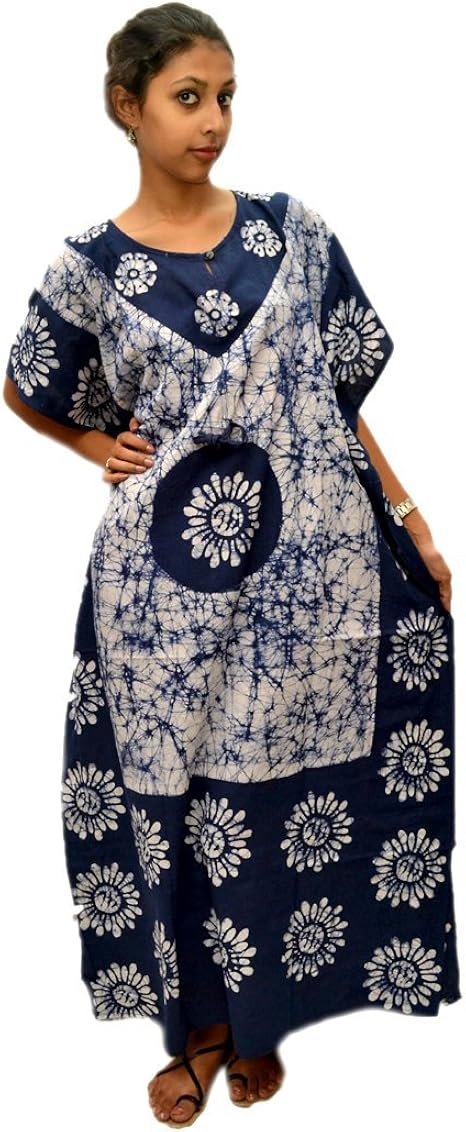 Odishabazaar Womens Cotton Caftan Nighty Blue White Batik Kaftan Maxi Dress at Amazon Womenâs 