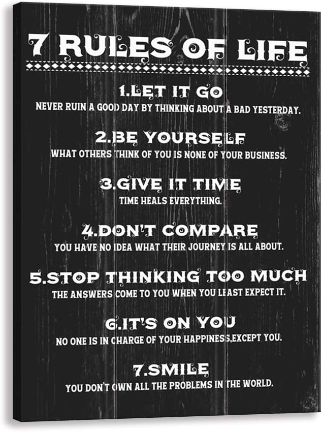 7 Rules of Life Motivational Wall Hanging Sign, Canvas Printing Decorative Wall Plaque Frame, Inspirational Quotes Wall Art Decor for Home, Bedroom,Dorm,Classroom,Gym (12 X 15 inch, 7 RULES OF LIFE-Z)