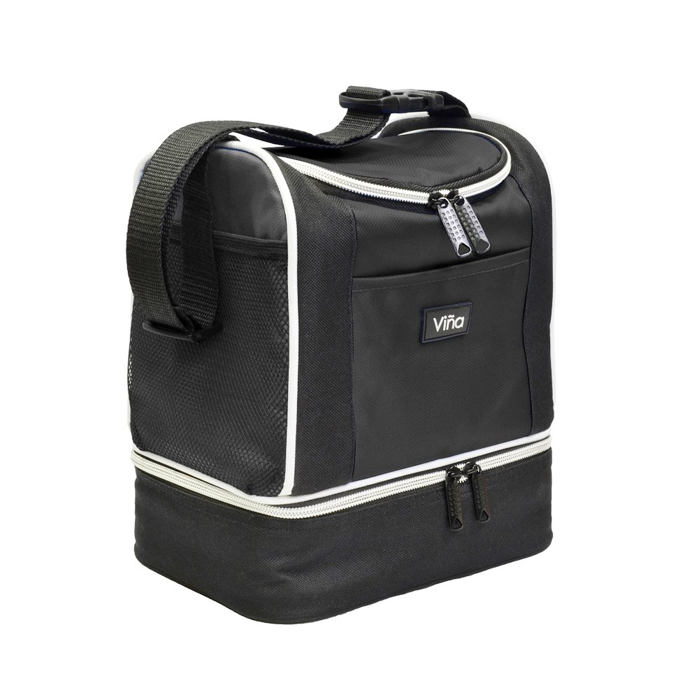 Vina Insulated Lunch Bag, Dual Compartment Reusable Bento Lunch Box Cooler Tote with Shoulder Strap for Adult and Kids, Black