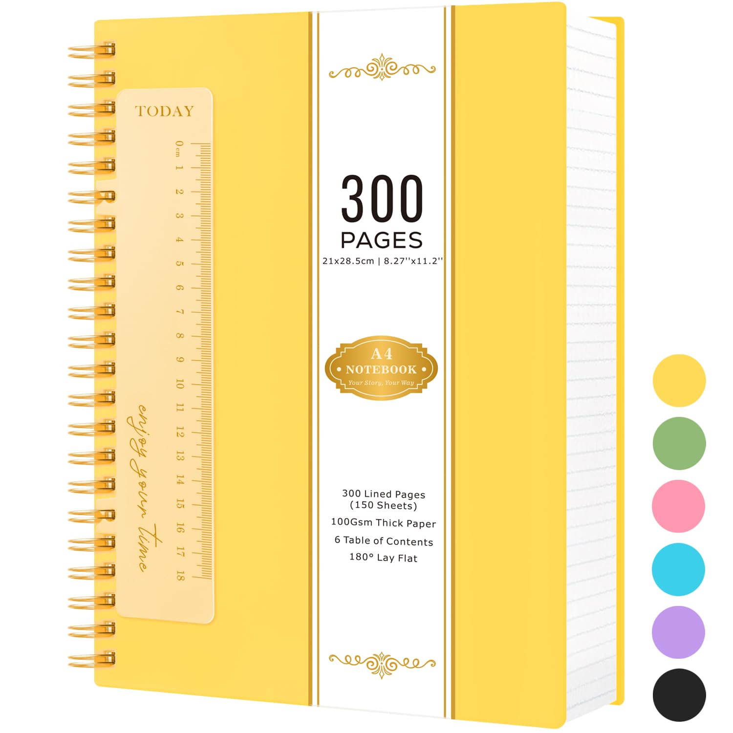 NIRMIRO Notebook Notepad A4, 300 Pages Spiral Note books for Writing, Wirebound Thick Note Pad with 100GSM Lined Paper, Hardback PVC Cover, 21 x 28.5cm, Yellow