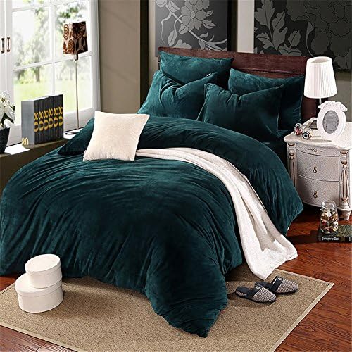 Simonshop Home Solid Flannel Fleece Thick Warm Winter Duvet Cover Sets Super Soft Short Plush Luxury Crystal Velvet 4 Piece Bedding Set (king, dark green)