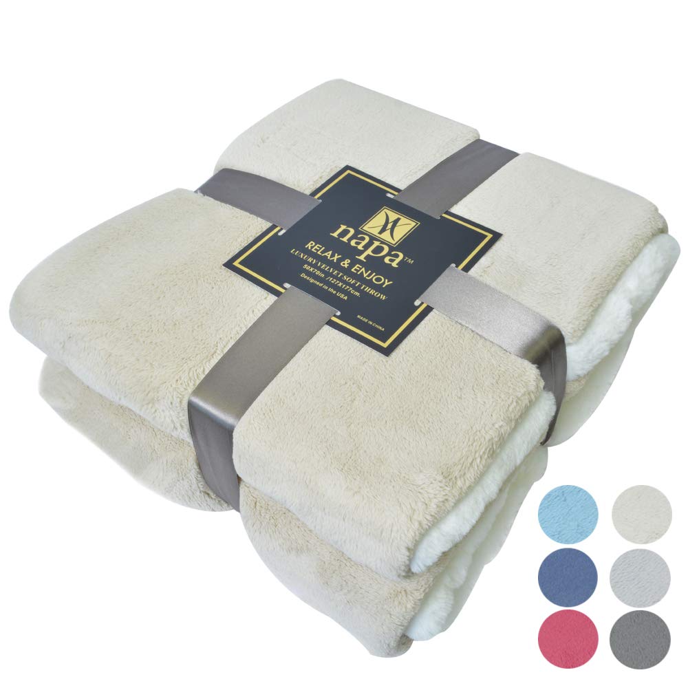 Napa Super Soft Velvet Plush Throw Blanket 50”x 70”, Reversible Fuzzy Solid Blanket, All Season Bed Throw TV Blanket Light Camel