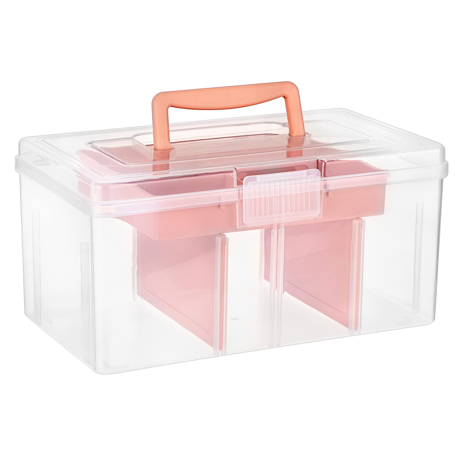 IGNPION Clear Craft Stackable Storage Box with Storage Tray Plastic 7-compartment Mulit Purpose Storage Container for Storing&Organising Toys, Arts Crafts, Stationery, Sewing, Fishing Tackle, Pink