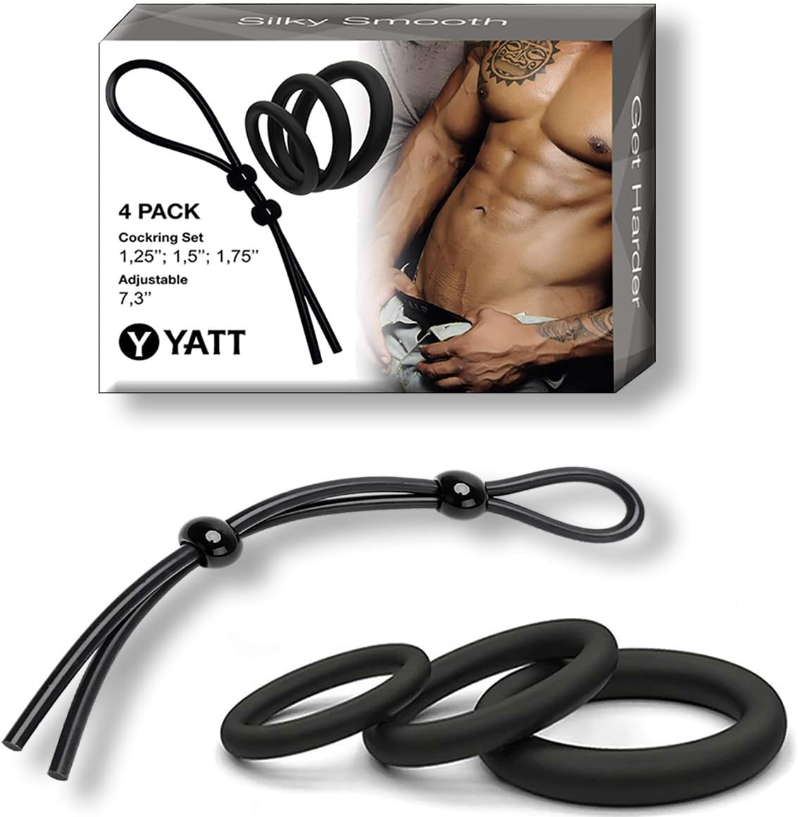 Yatt 4Pcs (1Cord Plus 3Rings) - Soft Silicone Exercise Bands for Men - Time Delay - Flexible