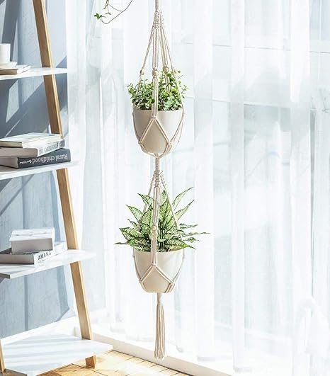 DXYZ Macrame Cotton Plant Hanger with Wooden Dowel [Without Pot] (Double 2 Tier (D128), 1)
