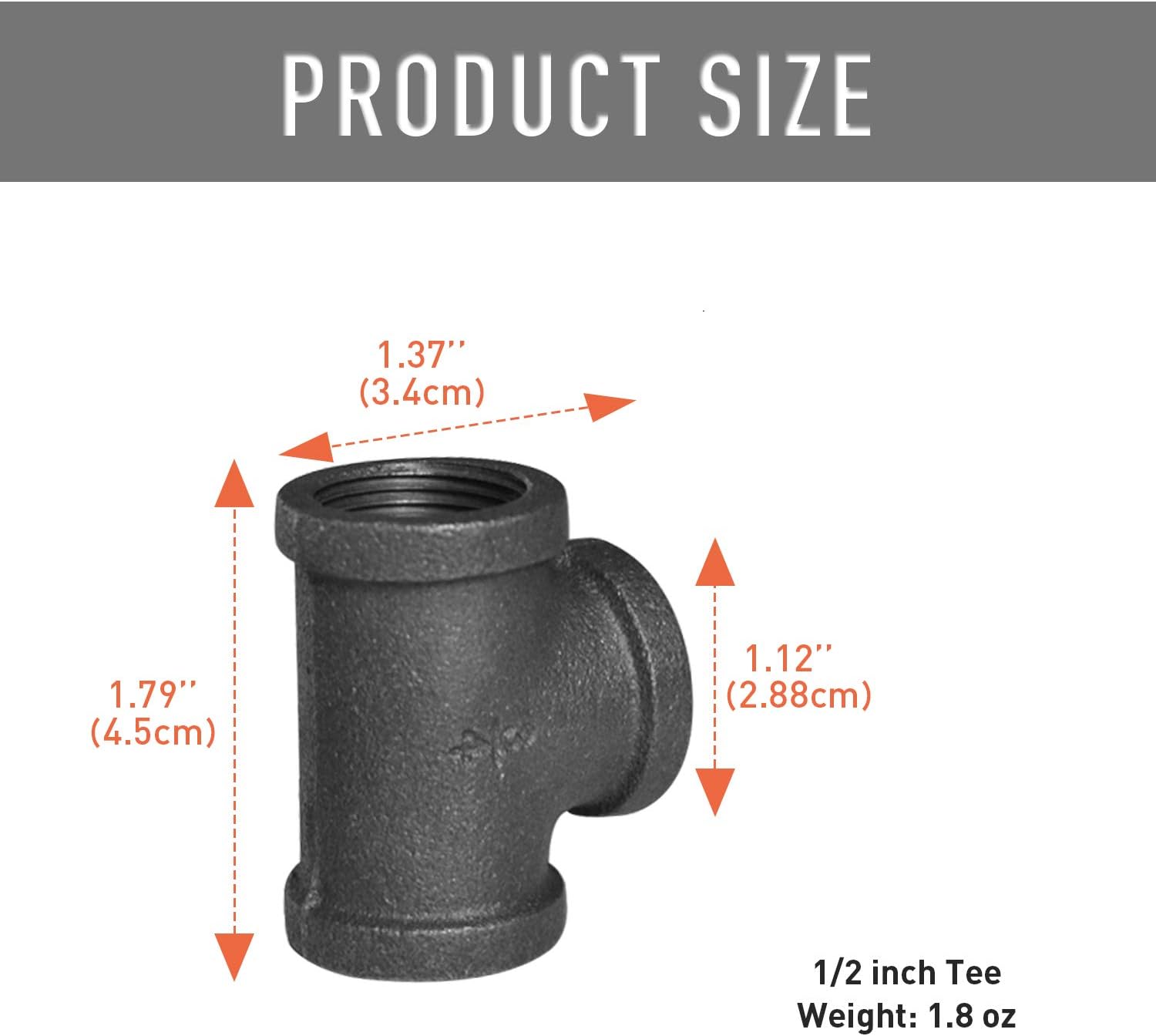 1/2" Pipe Fitting Tee DN15 Threaded Cast Black Malleable Iron for Steampunk Vintage Shelf Bracket DIY Plumbing Pipe Decor Furniture (20, 1/2") - - 