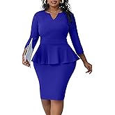 Runwind Plus Size Dresses for Curvy Women, Work Church Professional Office Vintage Peplum Pencil Dress V Neck 3/4 Sleeve