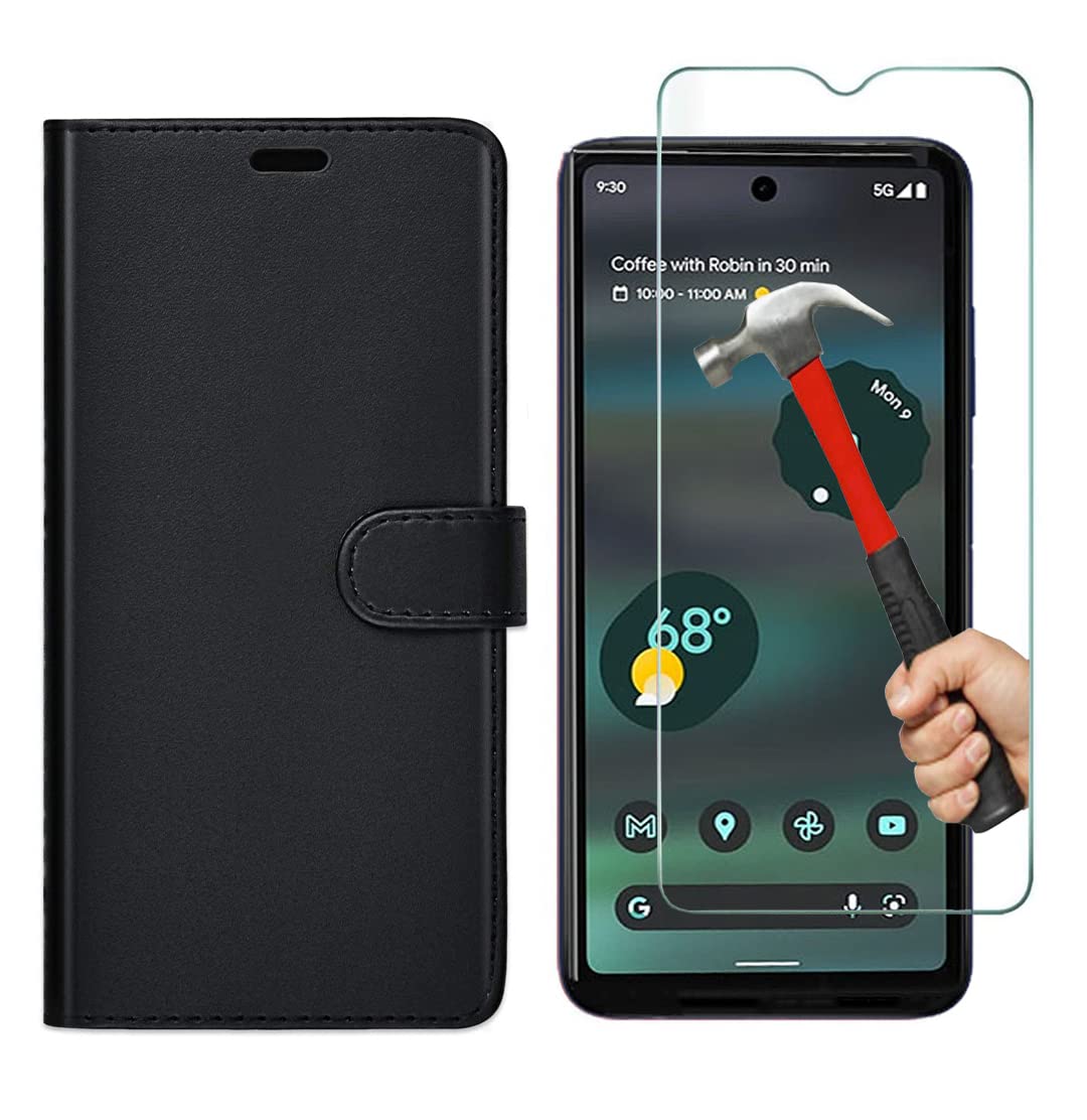 KP TECHNOLOGY Pixel 6A Case, Google Pixel 6A Leather Case, Google Pixel 6A Book Flip Leather Wallet Cover with Tempered Glass Screen Protector for Google Pixel 6A (BLACK)