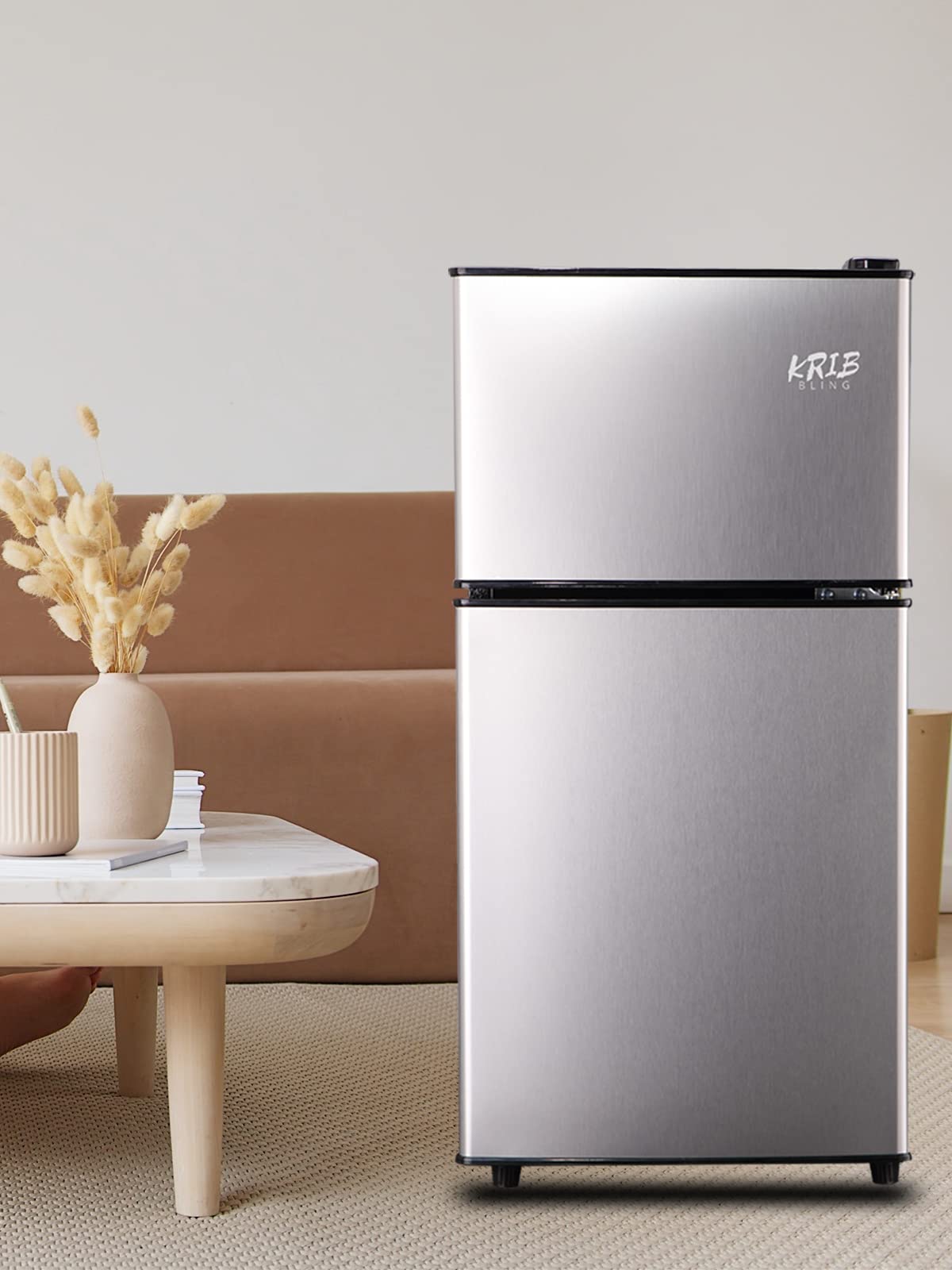 KRIB BLING Mini Fridge With Freezer,Compact Refrigerator With 2 Doors,7- Level Adjustable Thermostat, Removable Glass Shelves For Bedroom, Office, Kitchen, Apartment, Dorm, 3.5 Cu. Ft Silver