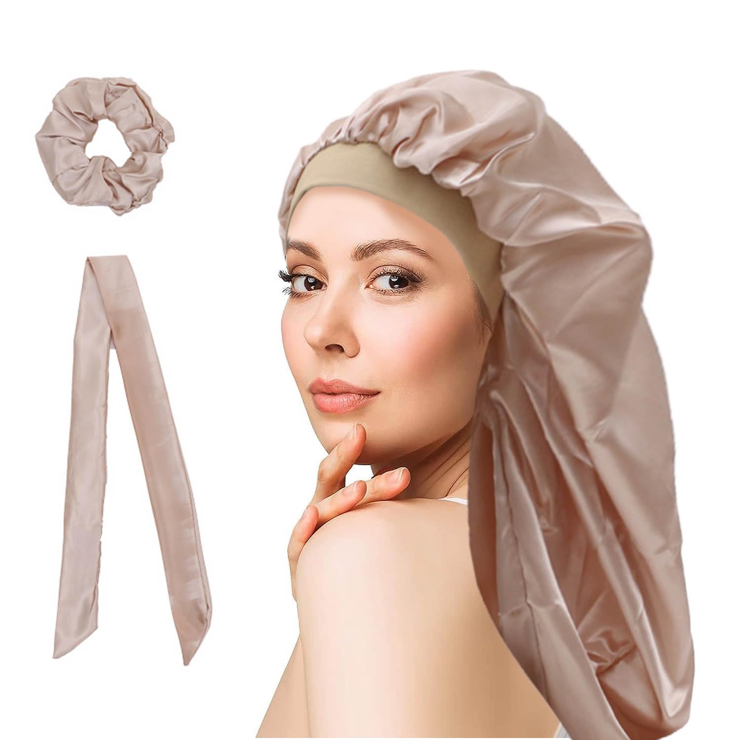 WUBAYI Silk Bonnet Hair Wrap for Sleeping, Satin Sleep Cap with Wide Elastic Band, Soft Hair Sleeping Bonnet Cap for Women and Girls Curly Hair (Champagne)