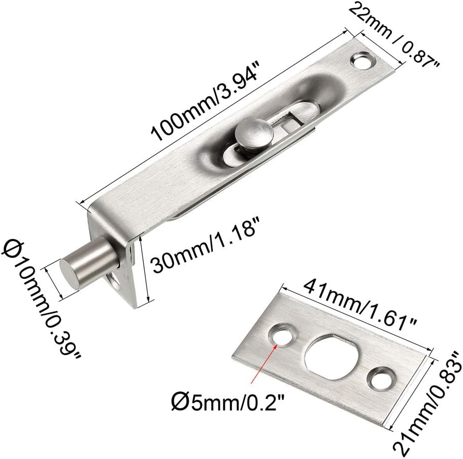 Sourcing Map 4 Inch Stainless Steel Concealed Slide Lock Latch for Wood Composite Doors Double Doors, Silver Tone - Image 3