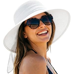 DRESHOW Sun Hats for Women Summer Wide Brim Beach Straw Hat Bowknot Bucket Hats Foldable Floppy Beach Sun Hat UPF 50+