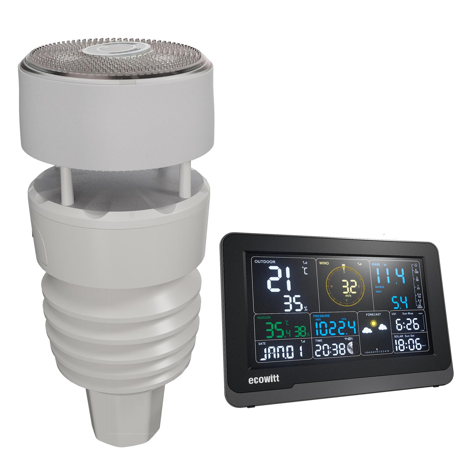 ECOWITT Weather Stations UK WS3901, 7 in 1 Weather Station Wittboy Outdoor Sensor Units WS90, 7.5 inch Wifi Home Indoor LCD Colour Console with 3 in 1 Sensors, Ecowitt IOT Intelligent Linkage Control