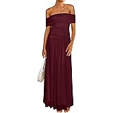MASCOMODA Women Off The Shoulder Mesh Maxi Dress Bodycon Ruched Formal Sleeveless Pleated Cocktail Wedding Guest Long Dresses(Wine Red,Large)