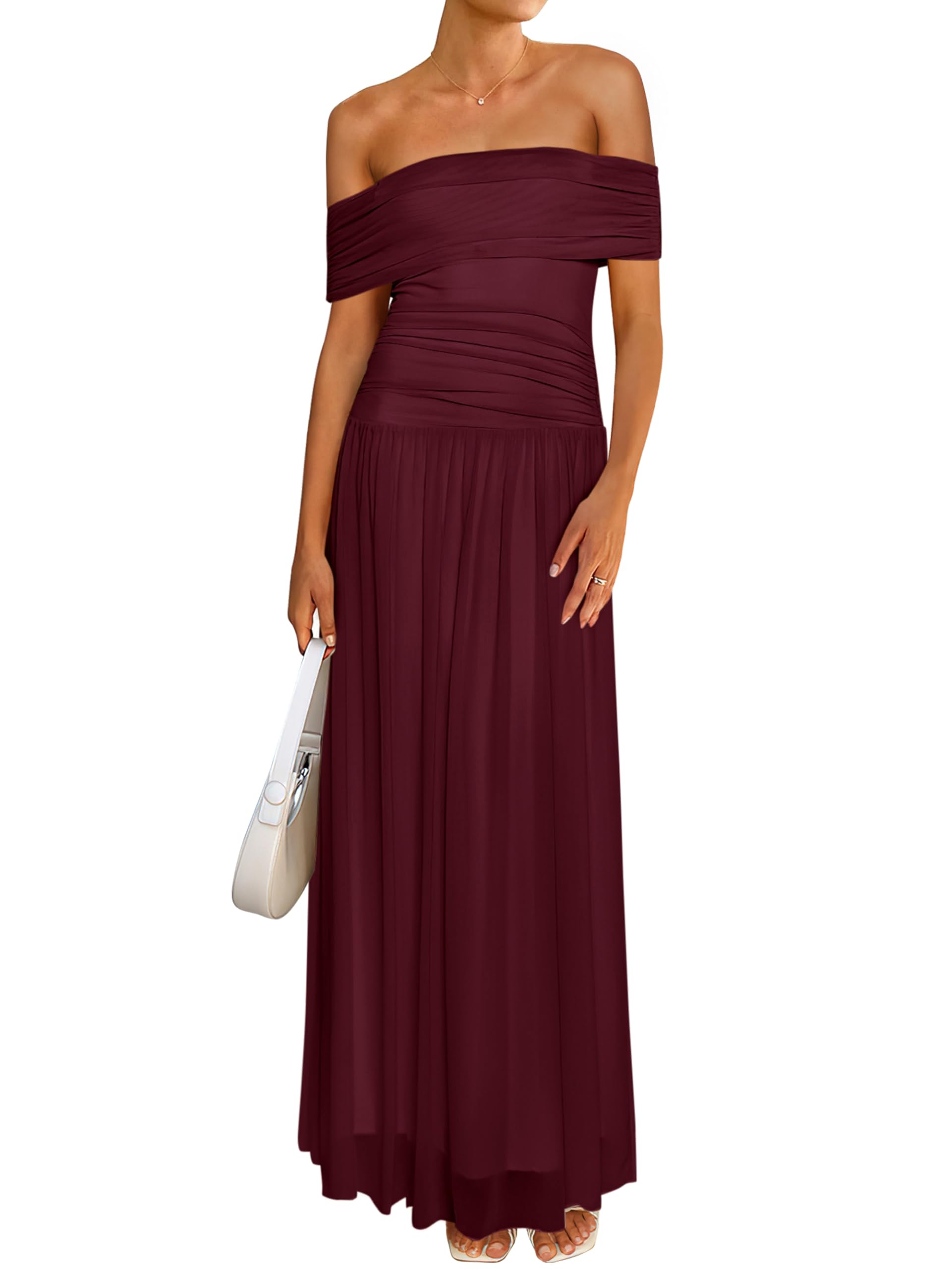 Photo 1 of (used) MASCOMODA Women Off The Shoulder Mesh Maxi Dress Bodycon Ruched Formal Sleeveless (Wine Red,XX-Large)