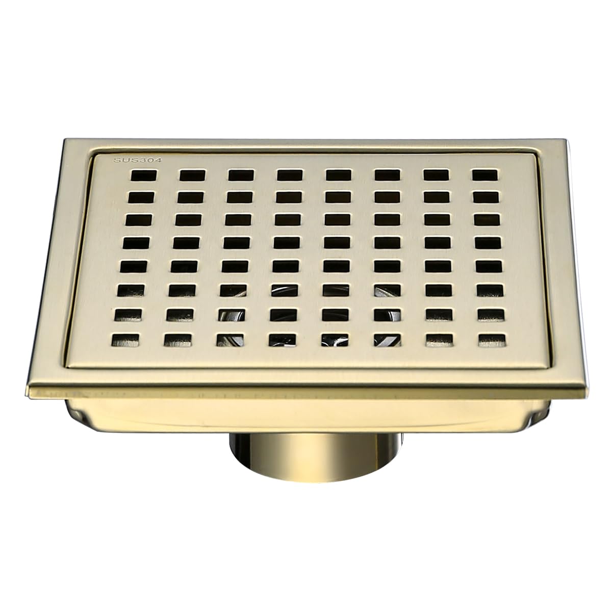 RANDOM 6 Inch Square Shower Floor Drain with Removable Grid Grate Cover, SUS 304 Stainless Steel,Hair Strainer Brushed Gold.