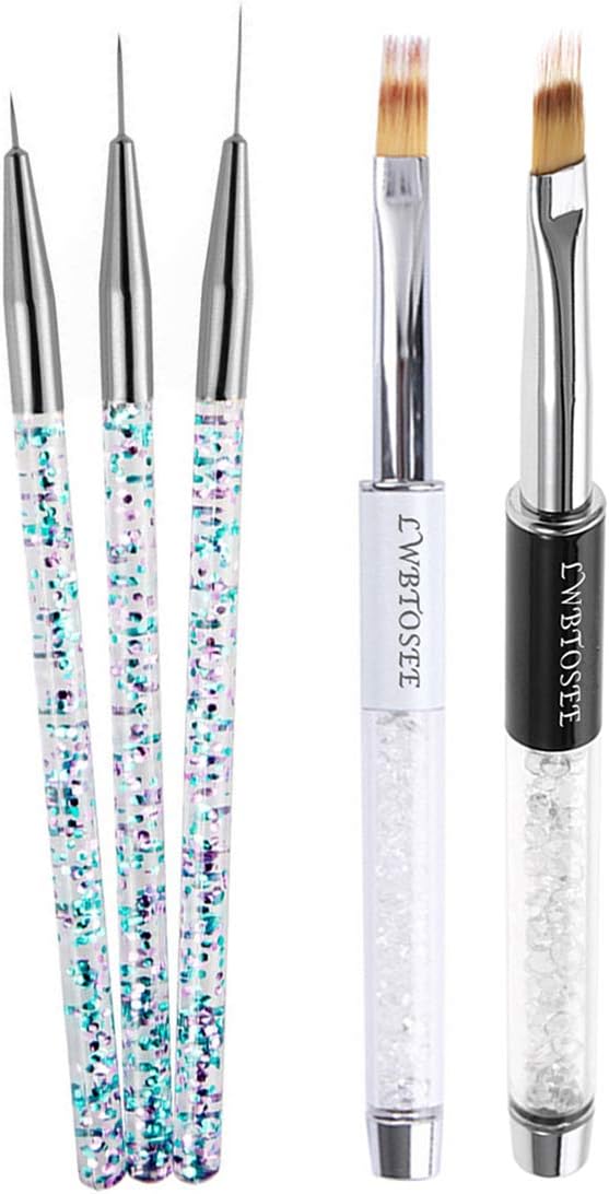 LWBTOSEE 2pcs Ombre Nail Brush and 3pcs Nail Liner Brush UV Gel Polish Gradient Nail Art Painting Pen Brush Rhinestone Crystal Acrylic Nail Drawing Pen Brush Tool (Silver)