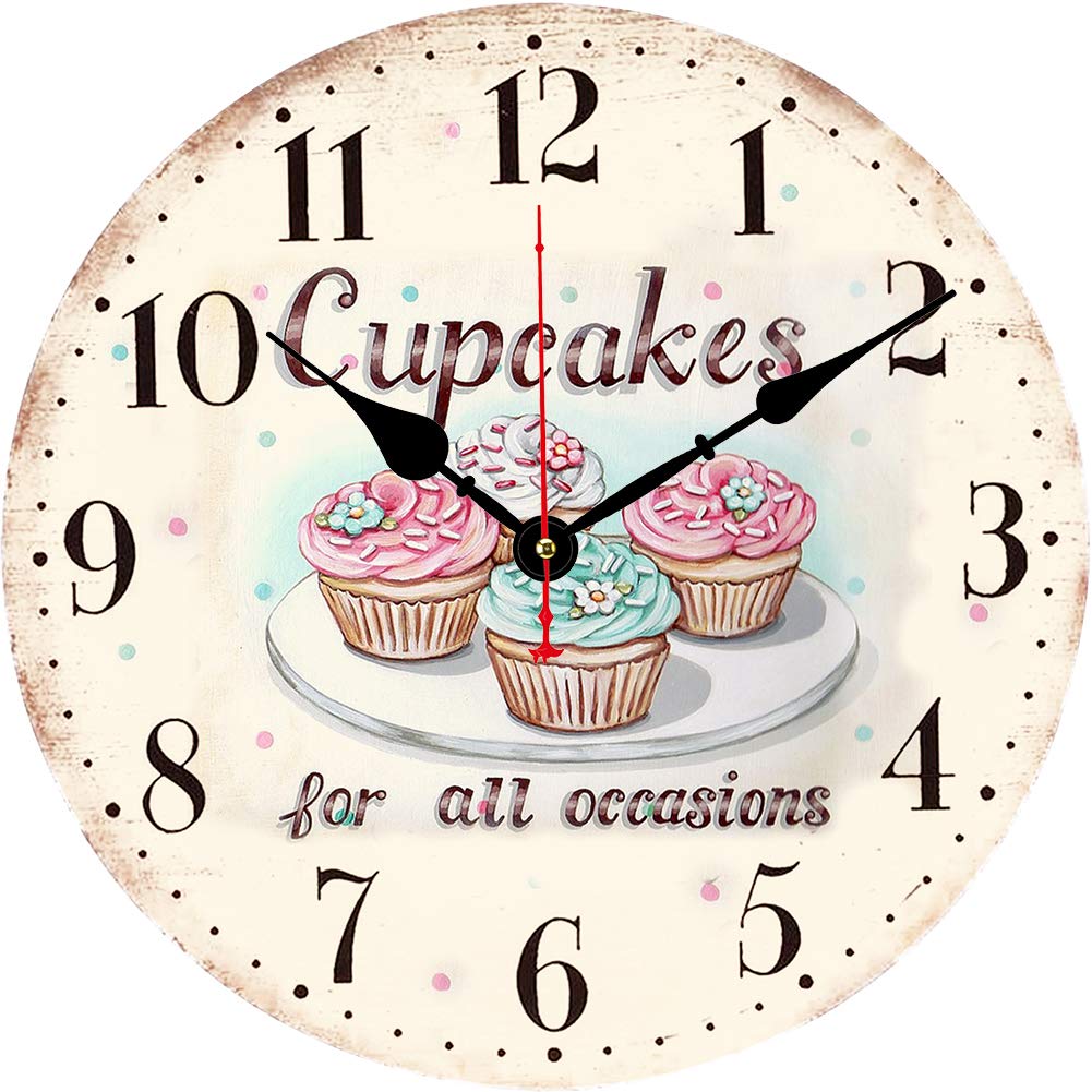 BERYART Silent Non Ticking Wall Clocks, 14 inch Quartz Excellent Accurate Sweep Movement Wooden Wall Clock, Decorative for Kitchen, Living Room, Dining Room, Bedroom, Office (Cupcakes Clock)