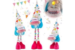 unanscre Large Birthday Gnome Plush Elf Decoration - 26’’-35’’ Standing Happy Birthday Gnome w/Retractable Spring Legs Handmade Rainbow Pennant Hat Hold LED Light Cake, Gnome Gifts for Women Mother