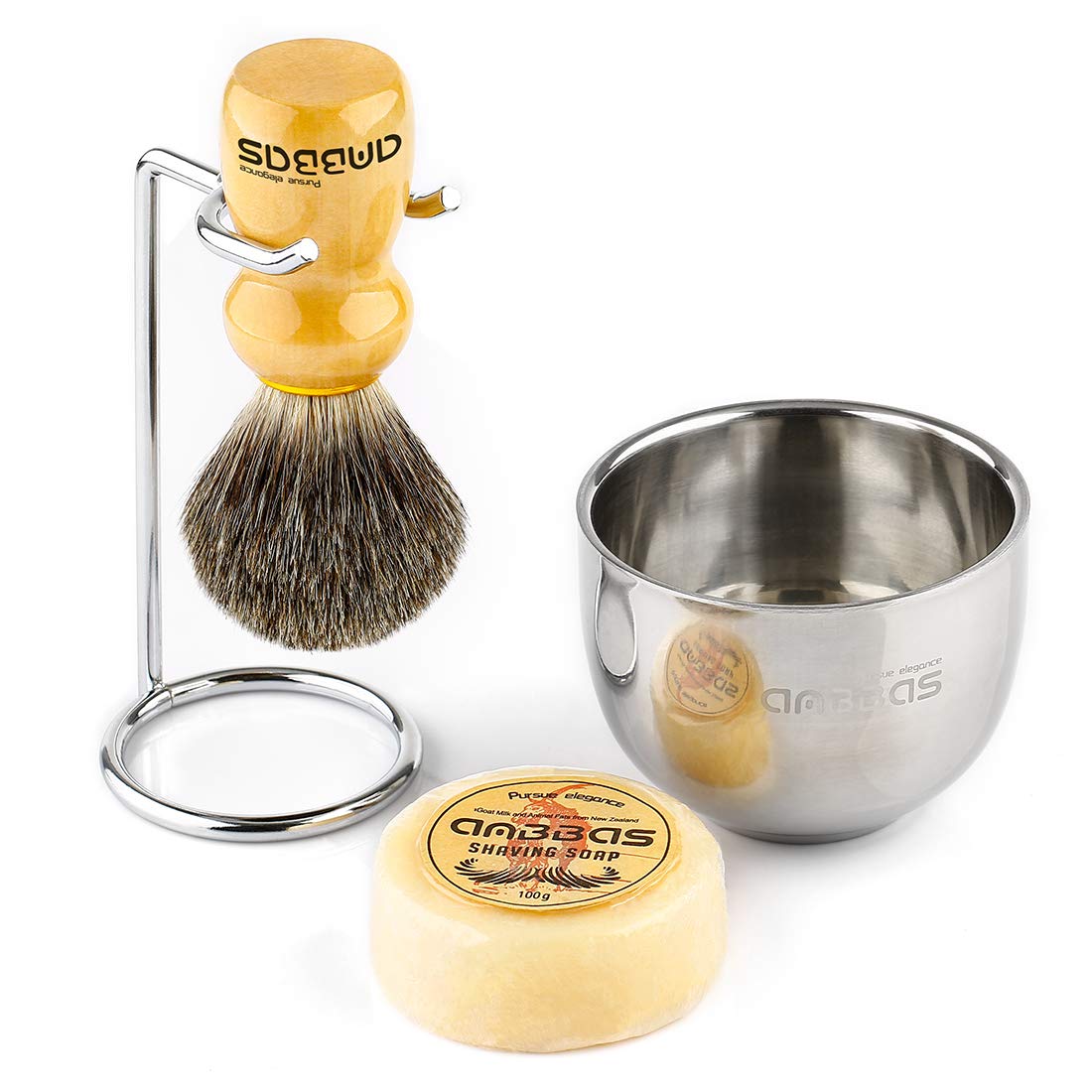 Anbbas Badger Hair Shave Brush Wooden Handle,Stainless Steel Shaving Stand and Soap Cup Kit Dia 3.2" with 100G Natural Organic Soap 4in1 Shaving Brush Set for Men Close Shave