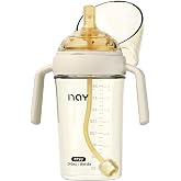 yanyoyo PPSU Spill Proof Weighted Sippy Cup for Toddlers, Baby's First Straw Cup with Handles and Adjustable Strap, Learner Water Bottle with 2 Silicone Nipples BPA Free, 6+ Months (Beige 8oz 1 Pack)