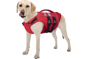 Kuoser Dog Life Jacket Large, High Flotation Dog Water Vest for Swimming Boating, Reflective Doggie Swimming Vest Pet Life Preserver with Rescue Handle, Red L
