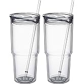 MEWAY 30oz/2 pcs Classic Insulated Tumblers,Double Wall Acrylic Tumbler with Lid，Reusable Plastic Insulated Tumblers with Straw，for cold drinks, sand ice, whatever you like(transparent,2 pack)