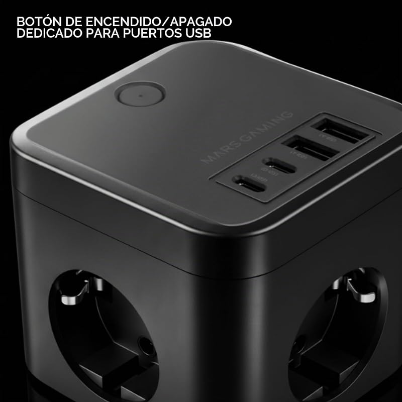 MD-CUBE35, Powercube Multifunção Compacto, 3 Soquetes SCHUKO + 2 USB-C + 2 USB-A, Carregamento Rápido PD 35W, Tecnologia GAN, Cabo 1,8m, Botão ON/Desliga e Indicador LED, 9 Proteções, Preto