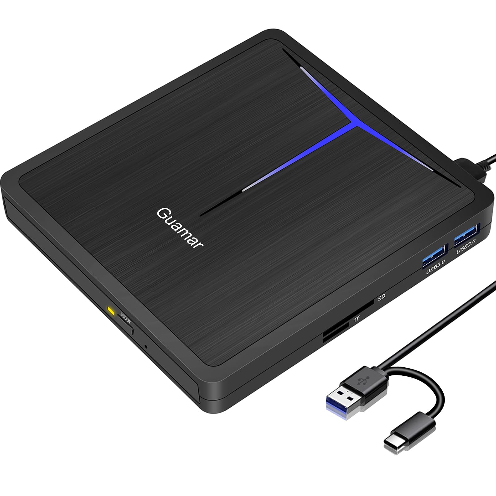 Guamar External CD/DVD Drive for Laptop, USB 3.0 USB-C DVD Player CD Burner with 2 USB Ports SD TF Slot, Portable CD DVD ROM Drive Disk Reader Writer for PC Mac MacBook Windows 11 Linux