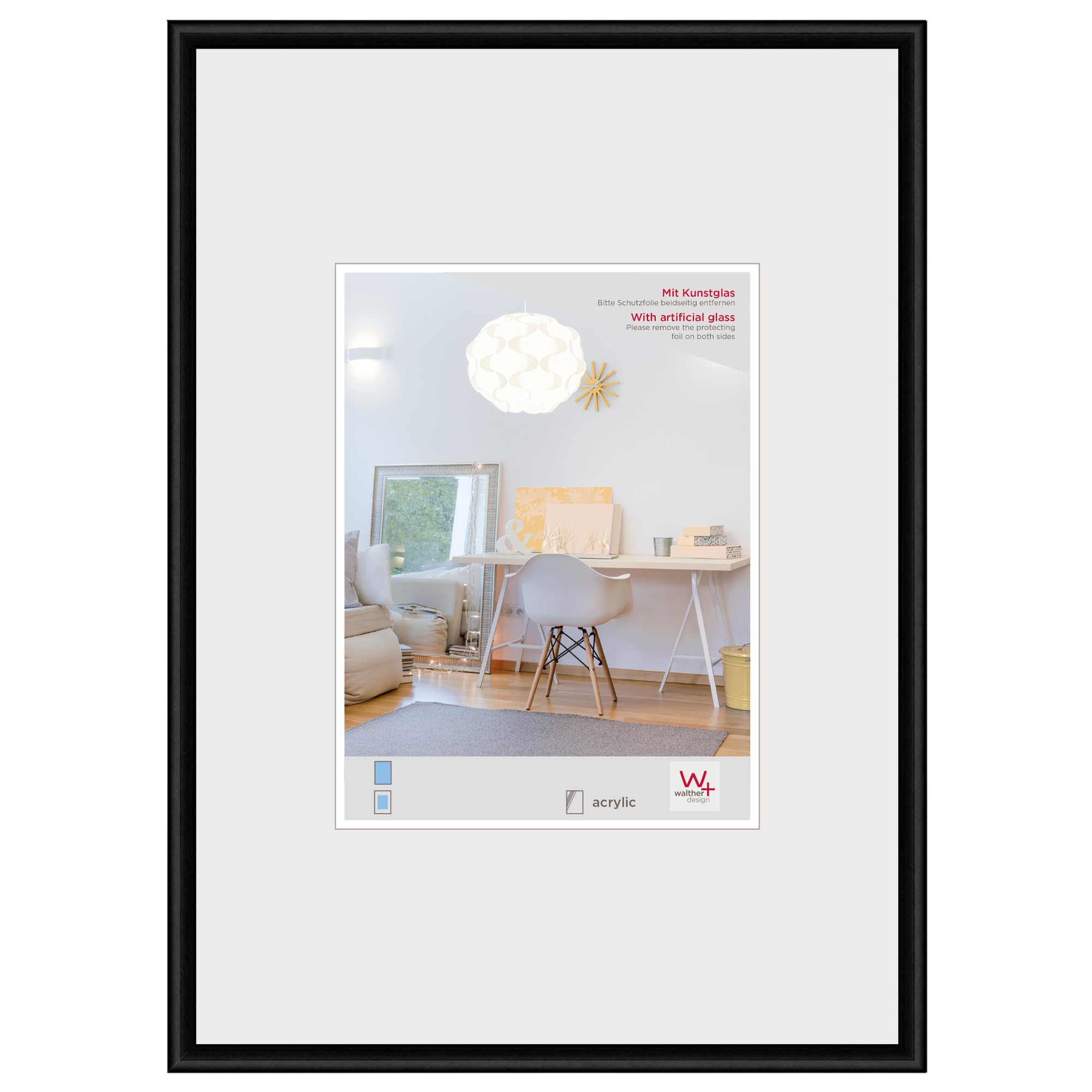 walther design Bilderrahmen schwarz 42 x 59,4 cm (DIN A2) mit Kunstglas, New Lifestyle Kunststoffrahmen KVX426B