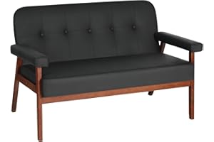 STHOUYN 50”W Black Faux Leather Small Office Couch Loveseat Sofa with Wood Arms, Mid Century Modern Love Seat Sofas Lounge Armchair Living Room Bedroom (Black (loveseat))