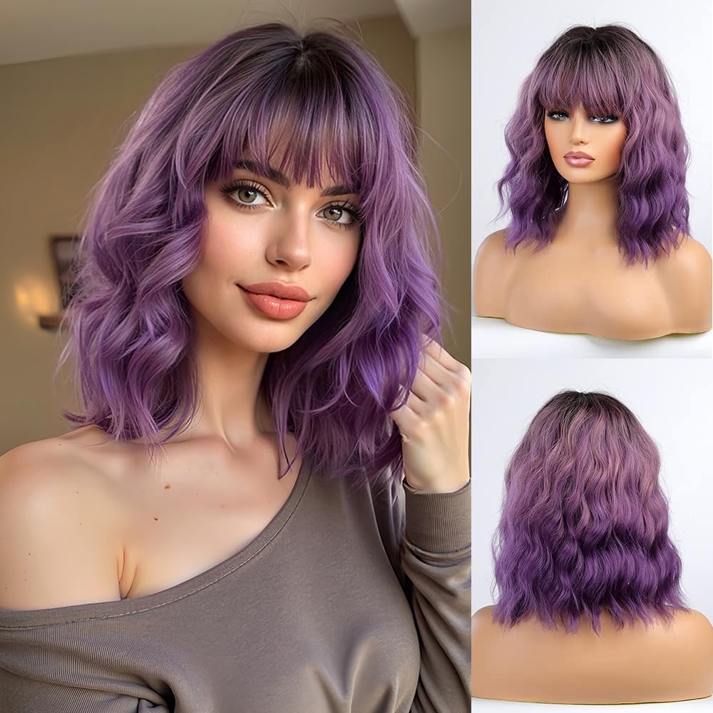 Esmee Short Wavy Ombre Purple Bob Wig with Bangs for Women Natural Synthetic Hair Ombre Wigs with Dark Roots Cosplay Party Use -14 Inches — image 1