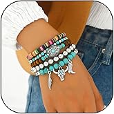 Volare Western Cowgirl Bracelets for Women Turquoise Beaded Stretch Bracelets Aztec Bull Head Cowboy Boots Feather Bracelets Set Western Cowgirl Jewelry Accessories for Women