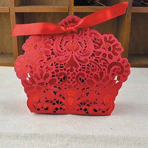 Zorpia®50 Pack Romantic Wedding Gift Box Decoration Flower Bride Laser Cut Party Sweet Favors Wedding Paper Candy Box (Red)