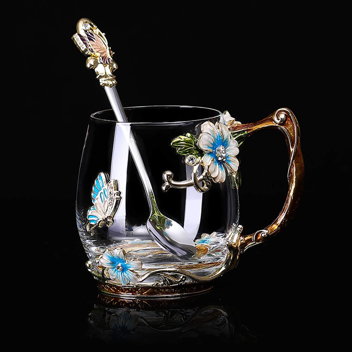 Luka Tech Handmade Enamel Butterfly Flower Glass Coffee Mugs Tea Cup with Spoon,Birthday Gifts for Her Women Mum Friends Valentines Mothers Day - Image 5