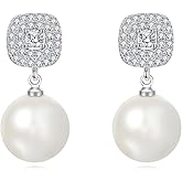 Womens Shell Pearl Earrings White Sterling Silver Dangling Drop with Velvet Gift Box