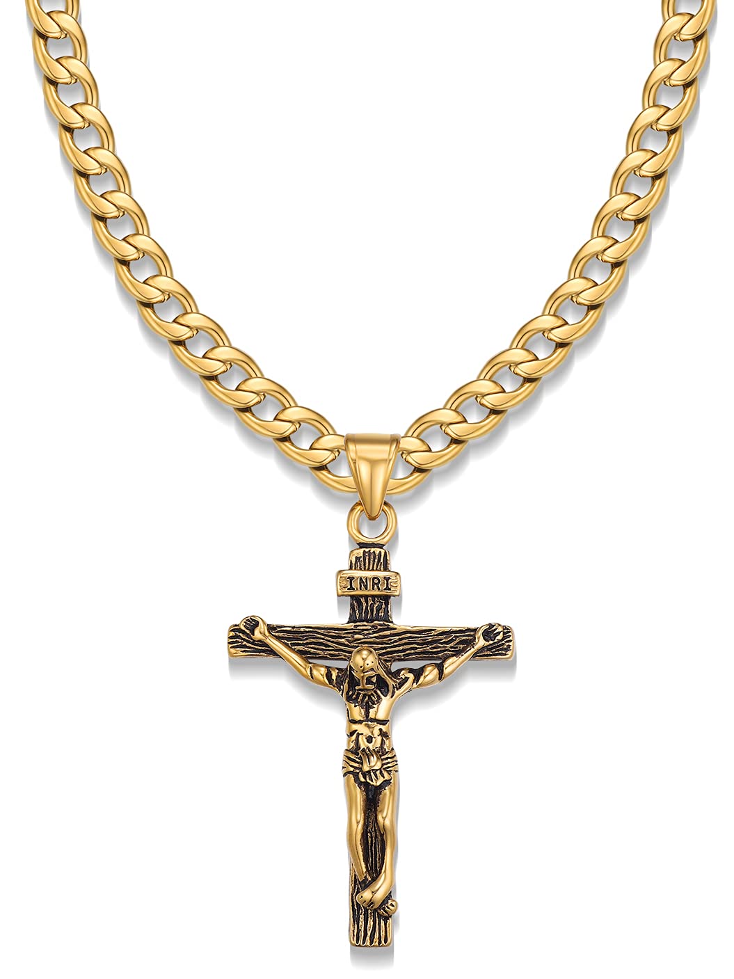Jewow Stainless Steel Men's Jesus Christ Cross Pendant Necklace with 7mm Wide Cuban Chain